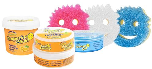 Scrub Daddy Sponges + Household Cleaning Supplies Bundle - PowerPaste Cleaning Putty, Tangerine Clean, PowErase Gel All Purpose Cleaner & Scrub Mommy (3 Pastes & 3 Sponges)