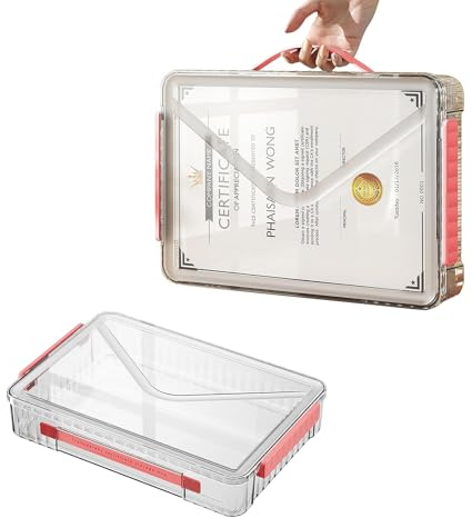 Cylogia Boîte de rangement étanche A4 avec couvercles et poignée pour photos, magazines, fichiers pour la maison, le bureau, l'école (boucle rouge)