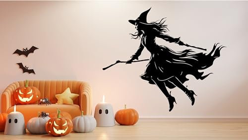 Flying Witch Besen-Silhouette-Aufkleber – Spukende Halloween-Fensterkunst, 78 x 78 cm