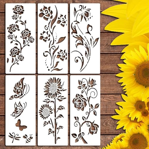 6 Stück Große Blumen Schablone Malen, Wiederverwendbar Wildblumen Schablonen zum Malen, 35 * 15cm Malschablonen DIY Vorlagen, für Gartenzäunen Wandgestaltung, Wandschablone, Sprühfarben Malschablonen