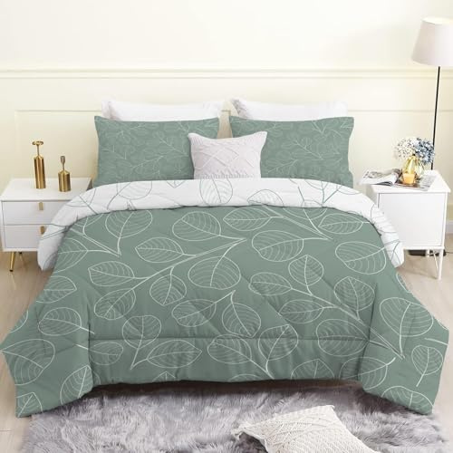 Linfye Bettdecke 155x220 4 Jahreszeiten, Grünes Blatt Wende Steppdecke 155x200 Ganzjahresdecke Bettdecken, Weiße Pflanzen Schlafdecke Waschbar Zudecke Vierjahreszeiten mit 2 Kissenbezug 80x80cm