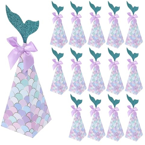 MOLENCO 15 Pcs Mermaid Themed Candy Boxes, Triangular Cone Mermaid Tail Party Favor Treat Boxes, Mermaids Goodie Bags for Presents, Candy, Cookies