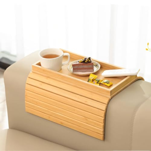 Hovoto Natural Bamboo Sofa Arm Tray, Sofatablett, Sofa Tray Table for Couch, Faltbarer Anti Rutsch Couch Arm Tisch, Sofa Side Table for Snacks, Phone,Control, Cups, Keine Installation