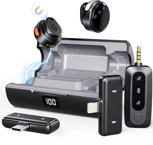 Moman - Microfono lavalier wireless, microfono da bavero combinato, per iPhone/Android/fotocamera, cancellazione attiva del rumore per video TikTok, Youtube, Vlog, registrazione, microfono wireless