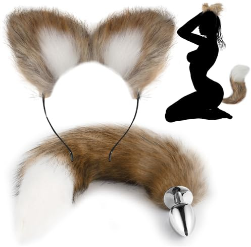 GKLWEJ Analplug Fuchsschwanz, Analplug mit Fuchsschwanz, Katze Ohren, Anal Plug Set, Fox Tail Plug, Butt Plug Tail, G-Punkt-Stimulation, Sexspielzeug für Erwachsene Frauen Männer Cospaly, Braun