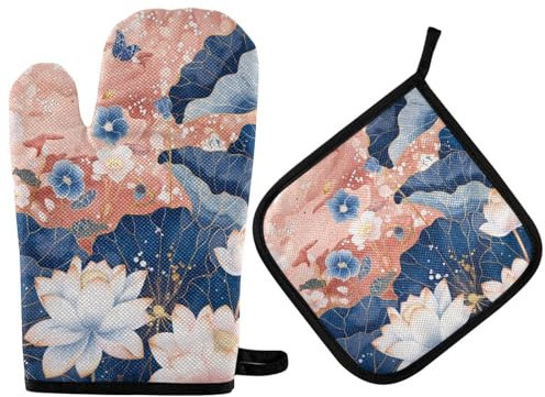 Aufwändige Indigo-Hortensien, Blumen, heiße Pads und Handschuhe, wärmeisoliert, Ofenhandschuhe, 2-teiliges Set für Küche, Kochen, Kochen