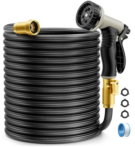 Garden Hose Non-Expandable 50ft, Outdoor and Garden Flexible Water Hose with 10 Function Nozzles, Portable, Kink-Free, Rust Proof, Lightweight Hose for Yard, Car Wash, Lawn, Camper, Easy to Store