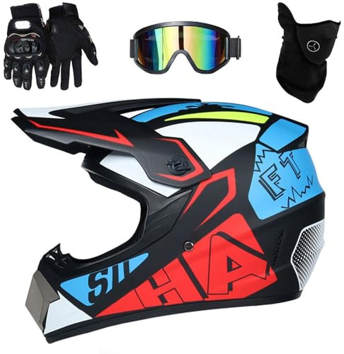 Casco Motocross Homologado, Casco de Moto Cross Integral para Mujer Hombre Adultos con Gafas, Guantes, Máscara, Cascos para ATV BMX Descenso Bicicleta de MontañA Cuatriciclo(K3,M(54-55cm))
