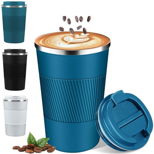 qisheng Coffee Travel Mug, 380ml Insulated Coffee Cup with Leakproof Lid- Reusable Cups Stainless Steel Double Wall Vacuum Thermal Mug for Hot and Cold Water Tea - Blue