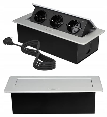 Tischplatte Steckdose mit USB A, Fach Einbausteckdose x3 mit 130cm Kabel, Tischsteckdose Steckdosenleiste Mehrfachsteckdose für Konferenztisch, Arbeitsplatte, Sofatisch (Dreifach grau)