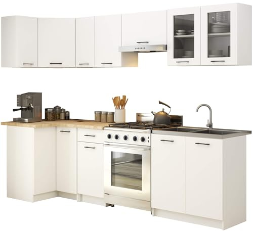 AKORD Küchenmöbel-Set OLIWIA 3.0m Modulares Weiß 300 cm 11 Türen 1 Schublade, Küche Komplett, Kitchen Cabinet Set, Küchenschränke, Standschränke, B300xH203xT46 cm, Weiß & Weiß