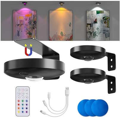3 PCS Lampe Tableau Sans Fil Rechargeable avec Télécommande, Eclairage Tableau LED sans Fil,12 RVB et Blanche froide, Spot LED et Fonction de Minuterie, Applique murale pour tableau Cuisine Armoire