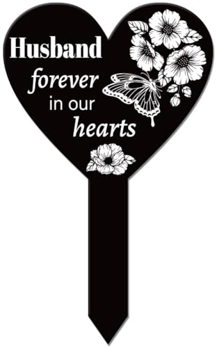 GLOBLELAND Piquet de Jardin en Forme de Cœur avec Fleurs Plaque Commémorative pour Mari Piquets pour Cimetière Piquet de Jardin en Acrylique Imperméable pour Condoléances pour Cimetière Tombe