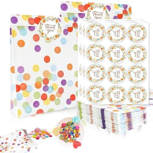 KUBDPQOR Sacchetti Regalo 30 Pezzi con 36 Adesivi Rotondi, Buste Carta Kraft 13x19x3.5cm, Multicolore per Compleanno, Matrimonio, Festa Bambini, Eventi Decorativi