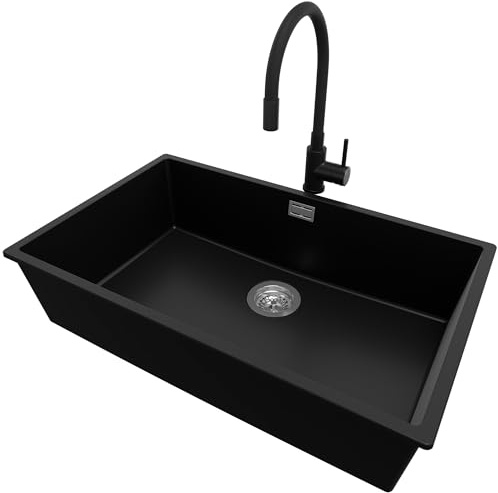 PRIMAGRAN Fregadero bajo Encimera al Mueble 80cm + Grifo, 76x47cm | Set: Grifo BW6020 + Kit de desagüe (sifón, válvula, rebosadero) + London 1 Seno Granito, Negro