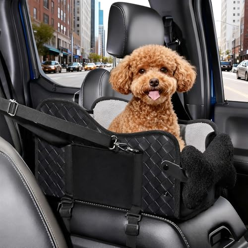 Asiento de coche para perros pequeños, asiento para perros, consola central con cinturón de seguridad, cojín suave ajustable, cama portátil para perros pequeños