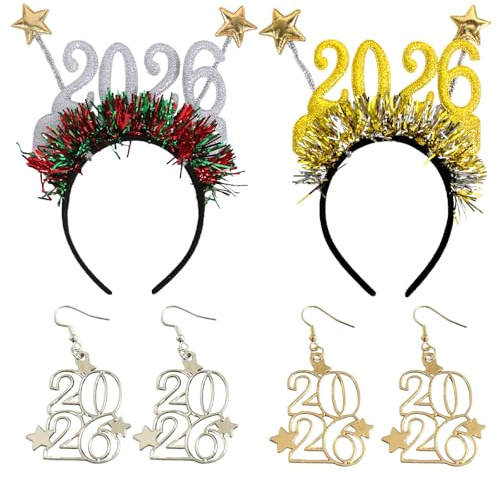QITHGYD Silvester Deko 2026, 4er-Set Haarspangen mit 2026-Motiv, Glitzernde Ohrringe, Perfektes Party-Accessoire für Erwachsene und Kinder, Silvesterparty, Neujahrsfeier