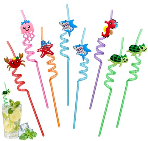 8 Pièces Pailles Animaux Marins Réutilisables, Pailles Ondulées Colorées avec Goupillon, Décoration Anniversaire Océan, Cadeau Invité et Goodies pour Fête Enfants