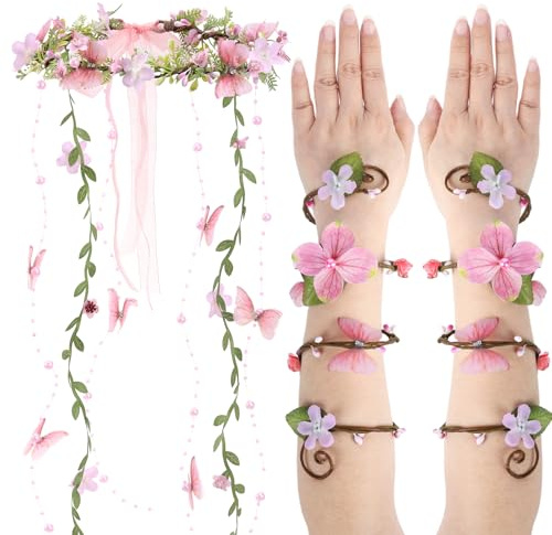 ETOFETE Elfen Kopfschmuck Blumen Haarreif und Armwickel mit Schmetterling Ranken, Karneval Waldfee Kostüm Damen Cosplay