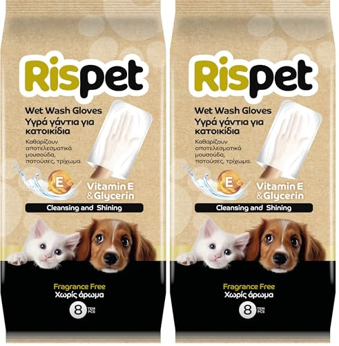 Rispet Toallitas de Guante desinfectantes para Limpieza de Perros, Gatos y Animales domésticos, eliminan el Pelo, limpian y desodoran, Guantes higiénicos Desechables, 8 Guantes (Paquete de 2)