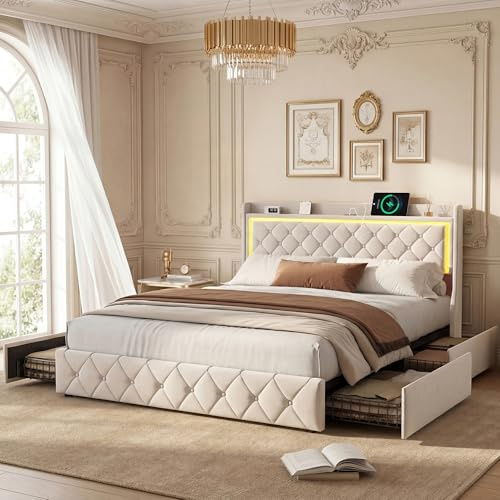 BRILVERDE Letto Imbottito 140x200 con Contenitore, 4 cassetti, Letto Matrimoniale con USB e LED, Struttura Letto con Rete a doghe e testiera, Velluto (Beige, 140 x 200 cm)