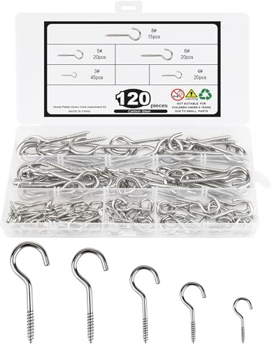 Acual Schraubhaken 120 Stück, Haken zum Schrauben Set, Deckenhaken Silber | Selbstschneidende Hakenschrauben in 5 Größen aus Stahl, ideal als Decken- und Wandhaken für Pflanzen, Lichterketten & Deko