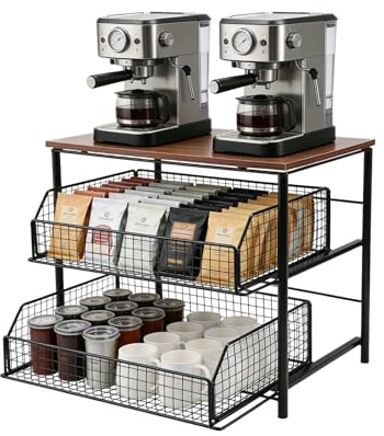 Soporte para máquina de café, organizador de barra de café, estante de encimera, organizador de almacenamiento de cápsulas de café con 2 cestas deslizantes, soporte multifuncional para tazas de café
