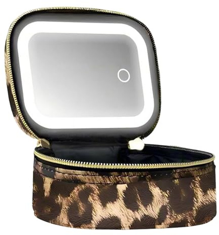 Travel Makeup Bag with LED Mirror, Leopard Print Design, Large Capacity Cosmetic Storage Box, Travel Train Case Portable Cosmetic Bag for Women (Brown)