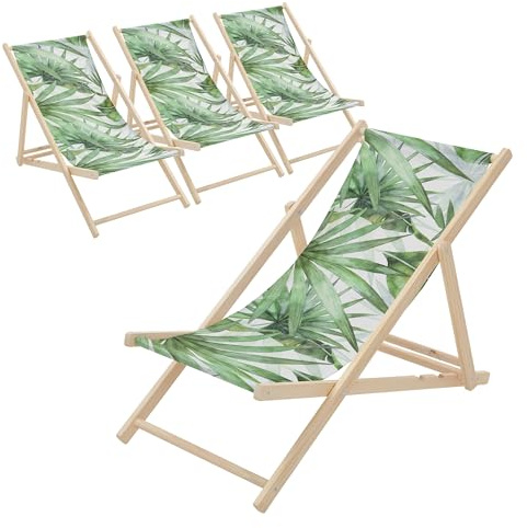 ECD Germany 4er Set Liegestuhl klappbar, Palme Grün-Weiß, Strandliege aus Holz, Sonnenliege mit verstellbarer Rückenlehne, Strandstuhl bis 120 kg, Gartenliege, Relaxliege für Garten, Balkon & Terrasse