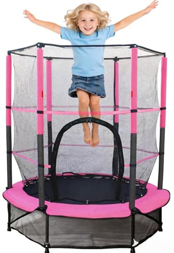 55 Kinder Trampolin,Gartentrampolin mit Sicherheitsnetz Robuster Stahlrahmen & Rahmenabdeckung,Indoor/Outdoor für Kinder von 3-6 Jahren,Rosa