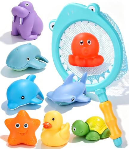 Gyxova 9 Piezas Juegos Juguetes de Agua para Bebe, Juguetes Bañera Niños, Juegos para la Piscina Bebe, Juguetes Baño sin Agujero, Animales, Patitos, Delfines