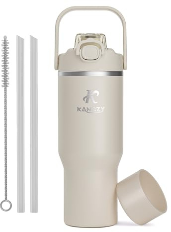 KANGZY Metal Water Bottle with Straw 1L/32oz – Vacuum Insulated Stainless Steel Flask, 2-in-1 Straw & Spout Lid, BPA-Free Leak-Proof Tumbler, Keeps Drinks Hot 8H+ / Cold 24H for Work, Travel White