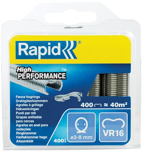 Rapid Zaun-Ringklammern VR16 verzinkt, 400 Stk. für Maschendrahtzaun | Für Ø 2–8 mm Drähte; kunststoffummantelt; silber; 400 Stk.; kompatibel mit FP20 & FP216 Rapid Zaunzangen