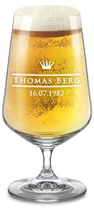 AMAVEL - Verre à bière tulipe personnalisé - Motif : Couronne (Royal) - Personnalisé avec NOM et DATE - Chope à bière - Cadeau d'anniversaire - Volume de rémplissage : env. 400 ml