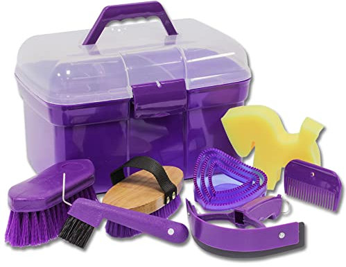 WALDHAUSEN Putzbox Putzkiste für Pferde Putzkoffen für Kinder inklusive Kardätsche, Wurzelbürste, Mähnenkamm, Hufkratzer, Herzchenstriegel, Mini-Schweißmesser und Pferdchenschwamm