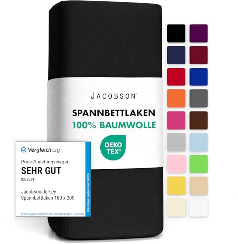 Jacobson Jersey Spannbettlaken Spannbetttuch Baumwolle Bettlaken (180x200-200x200 cm, Schwarz)