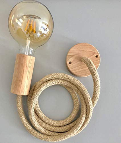 Hängelampe Tauseil XL Jute rau 14 mm mit Holzbaldachin und Fassung. Made in Italy. (2 Meter)