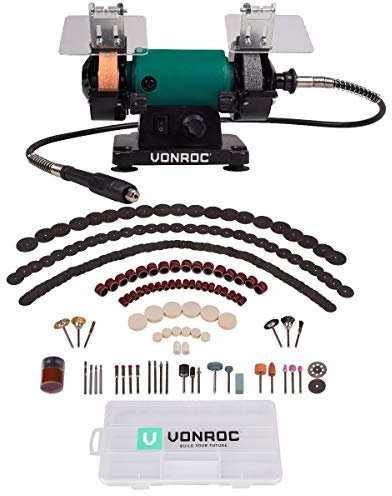 VONROC Doppelschleifer Doppelschleifmaschine 150W /75MM Welle - Schleifmaschine inkl. Schleifstein & Poliermscheibe - Schleifbock mit variable Geschwindigkeit - Komplett Set