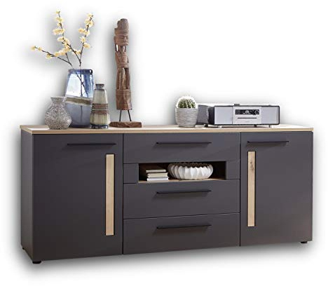 Stella Trading LOFT-TWO Sideboard in Artisan-Eiche Optik, graphit - ausdrucksstarke Softclose Kommode für Ihren Wohnbereich - 180 x 81 x 44 cm (B/H/T)