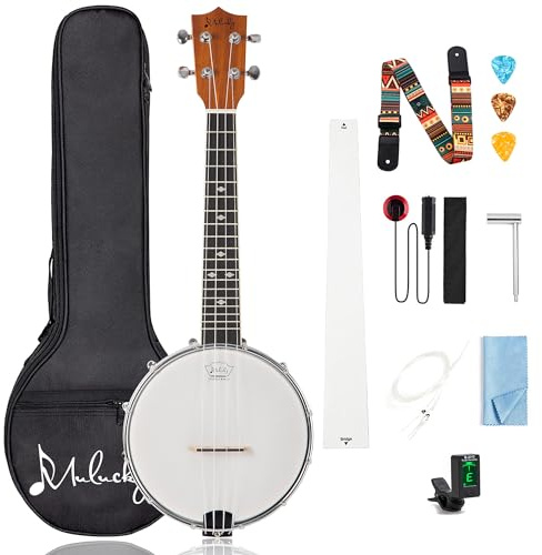 Mulucky 4-String Banjo Ukulele | Banjolele 23 Sapele Wood with Remo Head & Nylon Strings | Dark Brown Travel Kit (Bag, Tuner, Picks) - BU8017