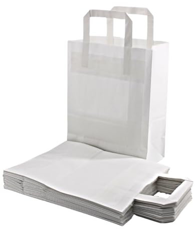 Enpack - 250 Papiertüten weiß mit Henkel - Geschenktüten für kleine Geschenke 22+11x28 cm - Papiertragetaschen aus Kraftpapier - Braune Papiertüten - Papier Geschenktaschen zum befüllen…