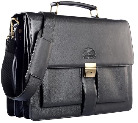WILD WOODS Original AKTENTASCHE Leder XL LAPTOPFACH 15,6 Zoll große LEDERTASCHE Auch zum Umhängen Stabiles Rindsleder Schwarz