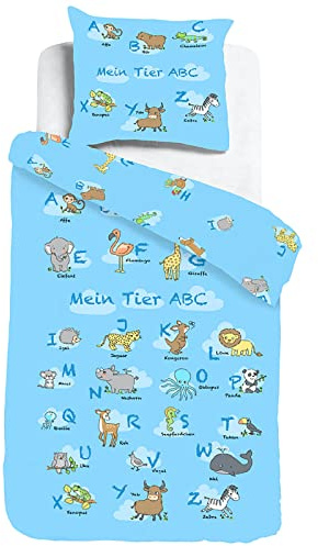 ESPiCO Kinderbettwäsche Sleep and Dream Mein Tier ABC Wolken Elefant Löwe Zebra AFFE Buchstaben Renforcé, Größe:135 cm x 200 cm