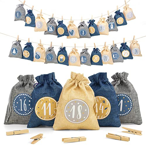 Adventi Adventskalender zum Befüllen [24 Stück] Weihnachtskalender 2025 Jutesäckchen 15 x 12cm Groß, Weihnachtsdeko Tüten/Säckchen, Geschenktüten Weihnachten mit individuellen Designs (Blau)