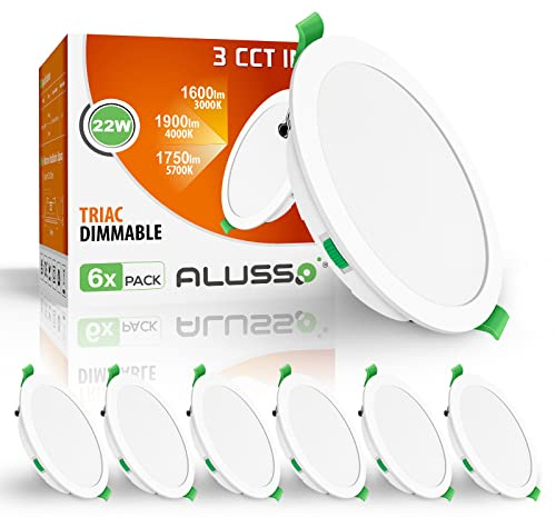 ALUSSO LED Recessed Ceiling Spot Lights 22W Dimmable 3CCT White 6 Pack | 1900LM Warm White 3000K Neutral White 4000K Cool White 6500K Adjustable, IP44 Ultra Slim Round for Bathroom Bedroom