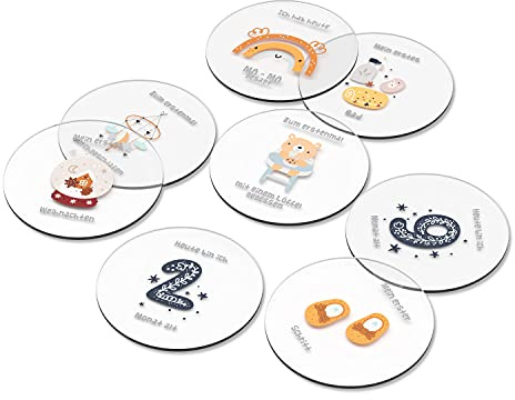 Plexiglas Meilensteinkarten Baby auf deutsch - 20 Meilensteinkarten aus rundem Glas mit personalisierter geschenkbox ideal als Geschenk für die Geburt werdende Mütter (Ohne Geschenkbox)