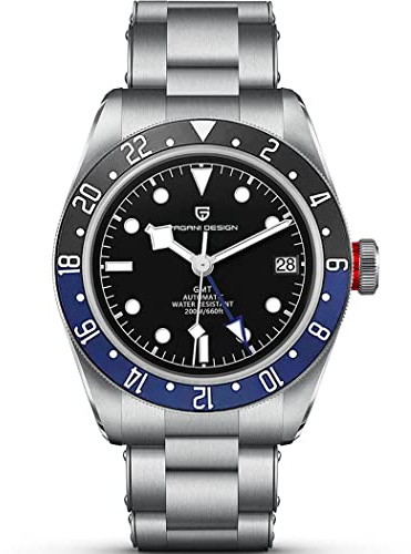 Pagani Design Herren GMT Automatik Uhren Hommage Black Bay Mechanische Armbanduhren Multi-Time Zone Funktion Wasserdicht 200M Sportuhren (Schwarz Blau)