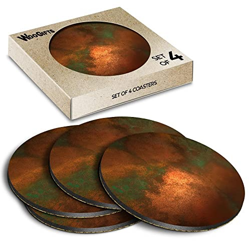 4 x Round Coasters - Copper Patina Effect Orange Colour Cork Backed MDF Glossy Tea Coffee Accessory #52740