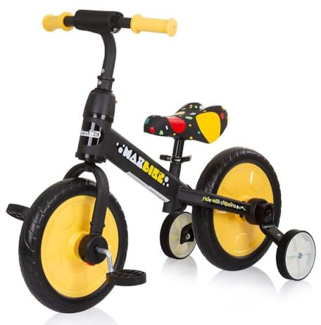 Chipolino Dreirad, Laufrad 2 in 1, Max Bike, 10 Zoll Räder, Pedale, Stützräder gelb Monster