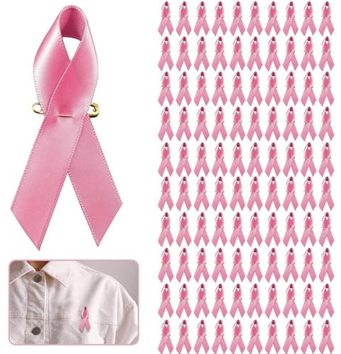 Lot De 100 Broche Octobre Rose Sensibilisation Cancer Du Sein,Pins Ruban Rose Avec épingles à Nourrice,Broches En Forme De Ruban En Satin Pré-Découpé